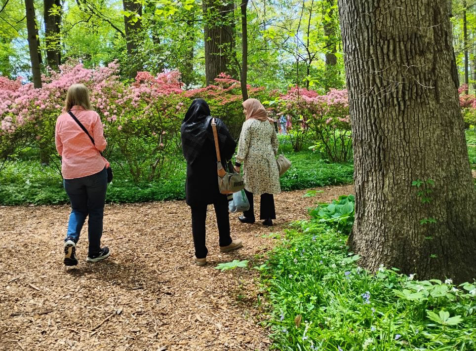 Three women walking on a trail.