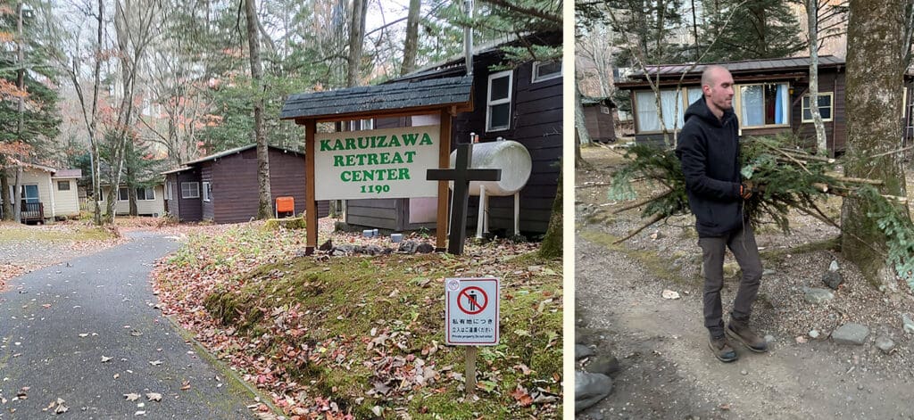 Isaiah outside working on landscaping during short-term missions to Japan