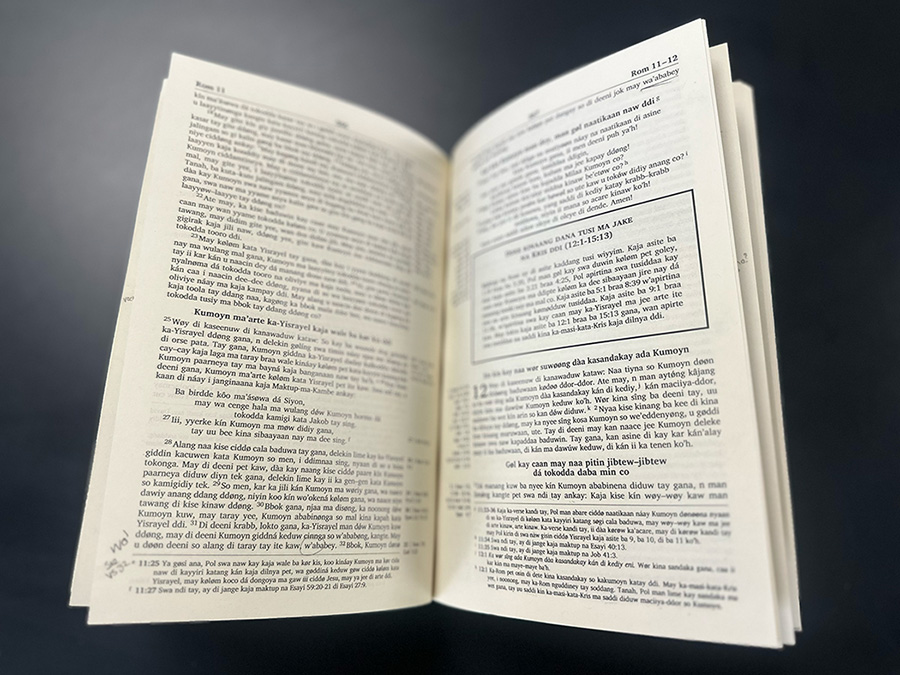 aerial view of an open bible translated into Kwong from a bible translation ministry in Chad